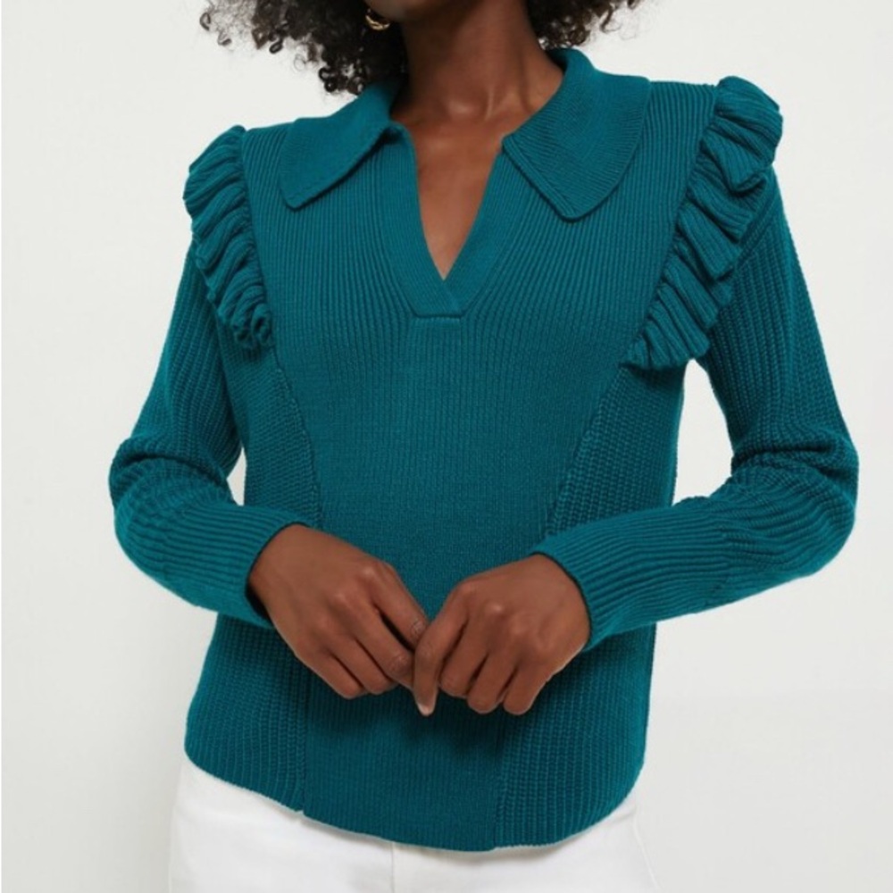 Tuckernuck Hyacinth house Ruffle Casey collared v neck sweater xxs Teal green